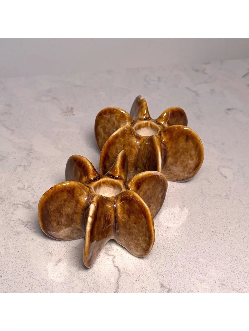 Pair Brown Glazed Ceramic Starburst Candle Holders Sculptural Modern Decor